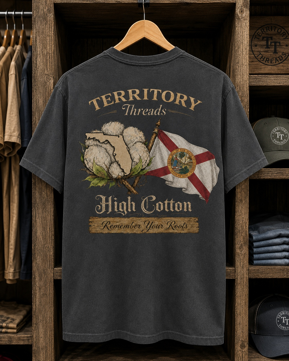 Florida Battle Flag High Cotton Short Sleeve Premium T-Shirt in Charcoal Gray