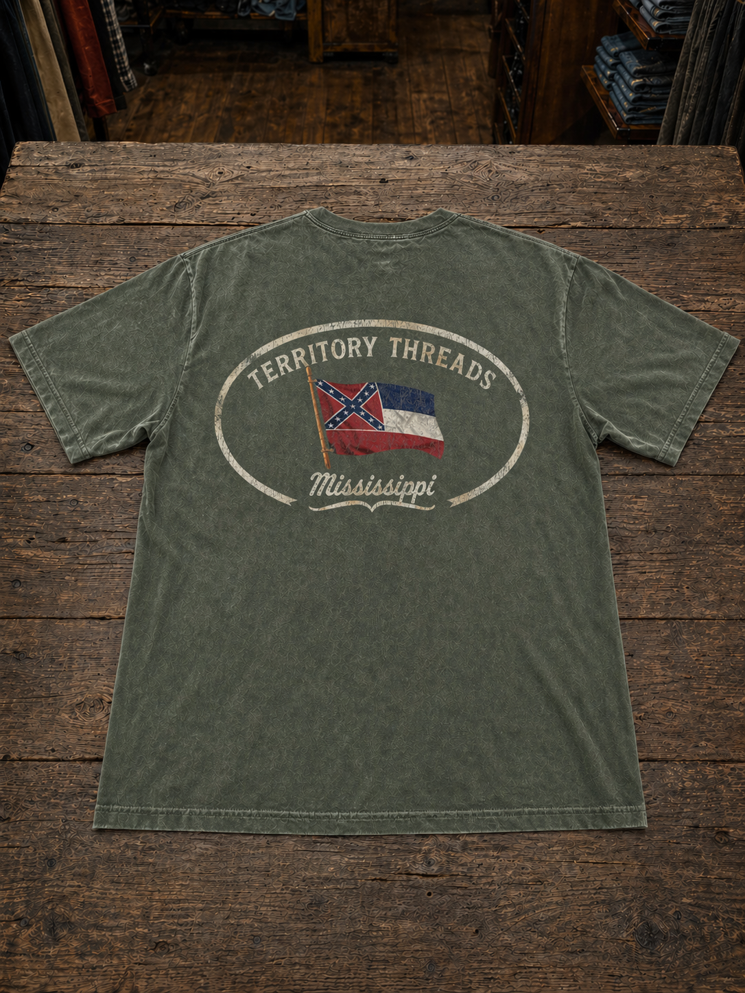 Old Mississippi State Flag Oval Design Confederately Correct Short Sleeve T-Shirt Faded Teal