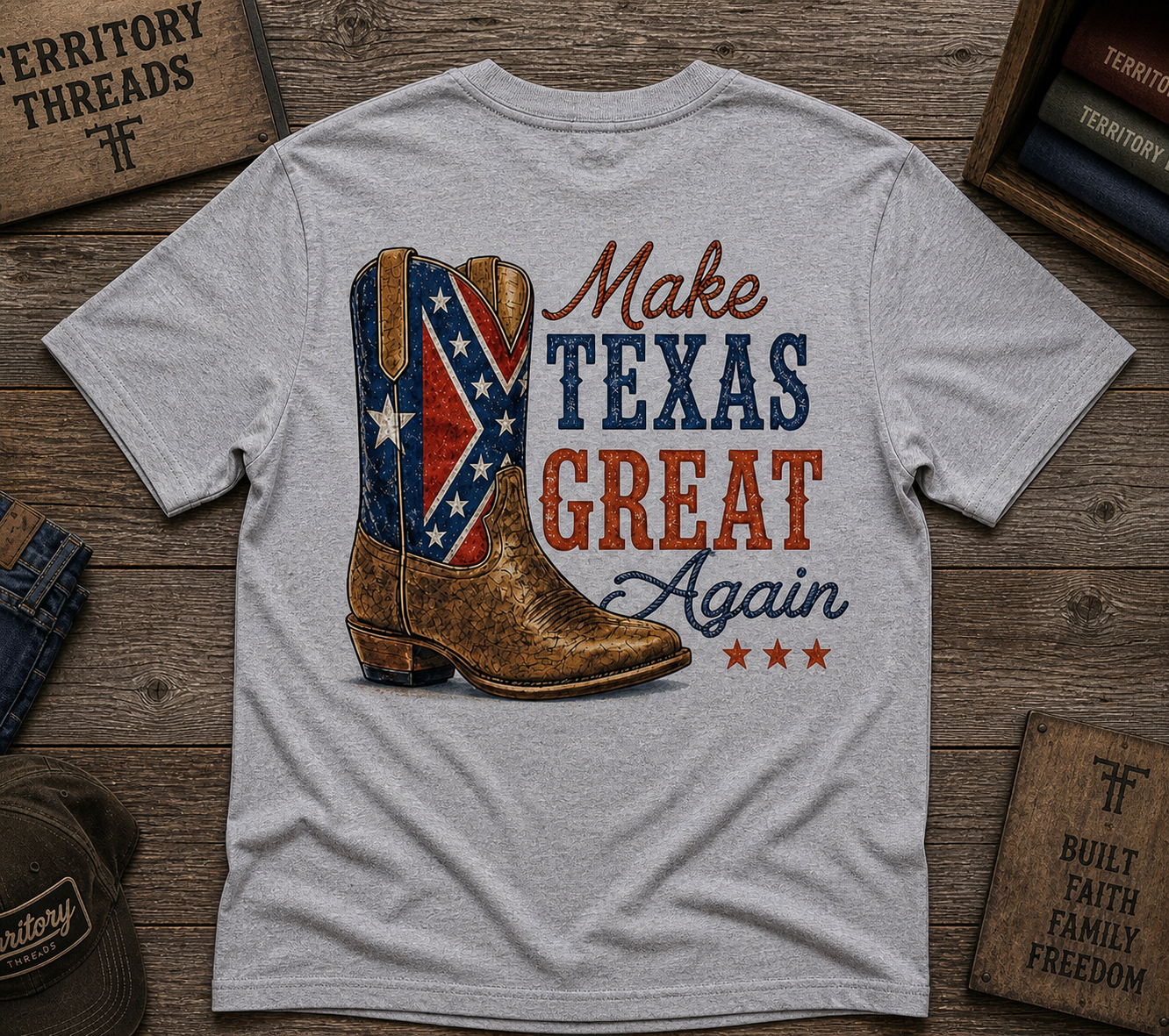 Make Texas Great Again T-Shirt with Texas Battle Flag on Boot