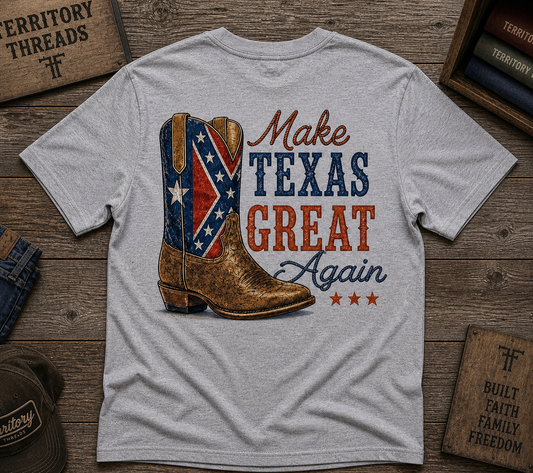 Make Texas Great Again T-Shirt with Texas Battle Flag on Boot