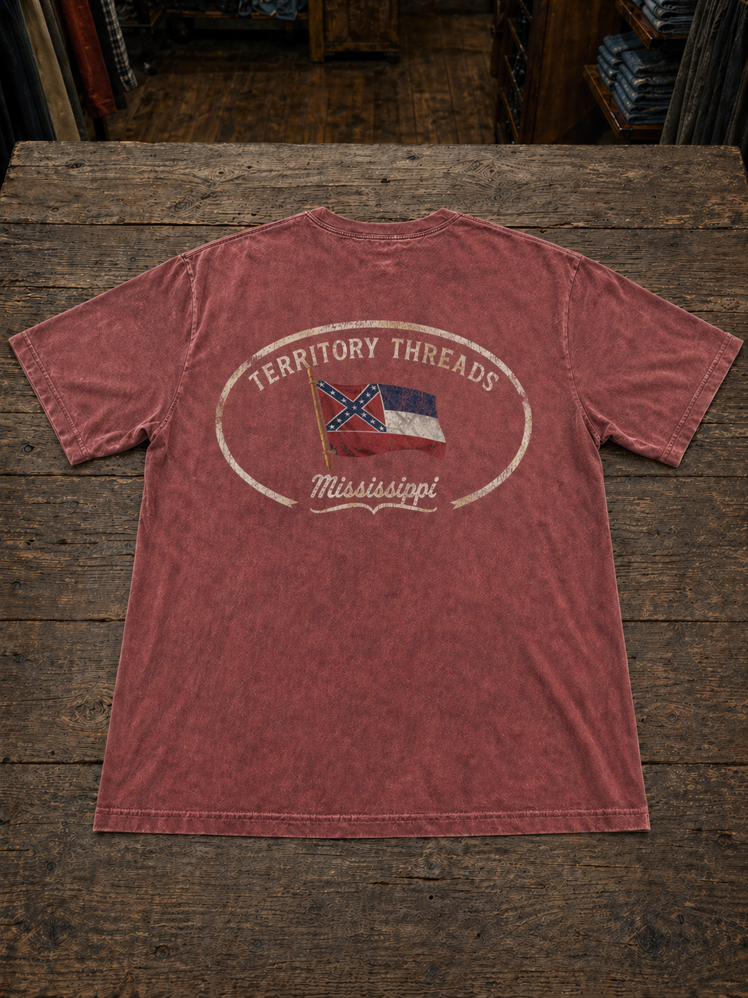 Old Mississippi State Flag Oval Design Confederately Correct Short Sleeve T-Shirt Faded Washed Red