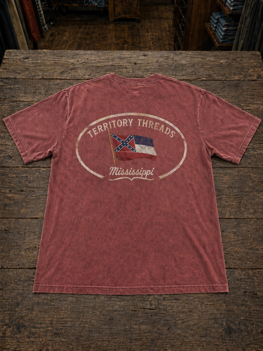 Old Mississippi State Flag Oval Design Confederately Correct Short Sleeve T-Shirt Faded Washed Red