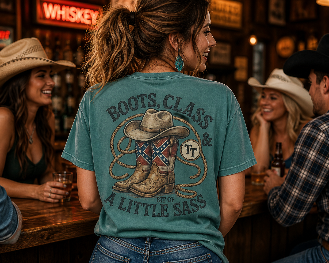Boots Class and a Little Bit of Sass Boots T-Shirt Faded Hunter Green on Model