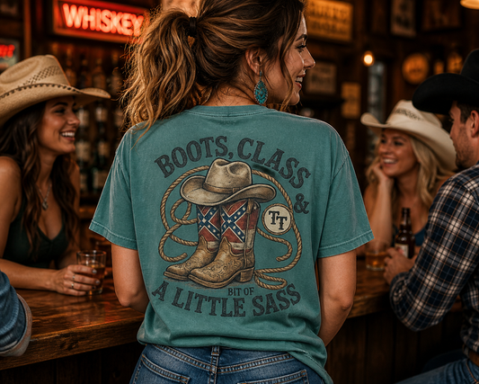 Boots Class and a Little Bit of Sass Boots T-Shirt Faded Hunter Green on Model