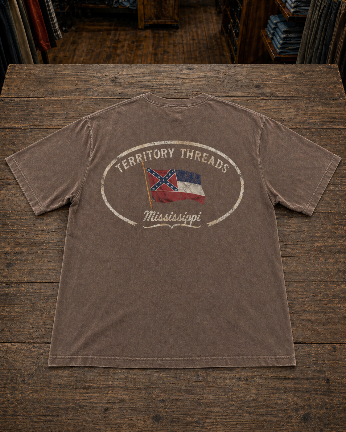 Old Mississippi State Flag Oval Design Confederately Correct Short Sleeve T-Shirt Faded Mocha Brown