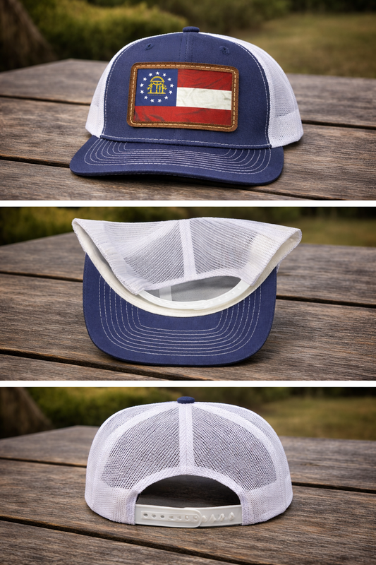 Denim Mesh Back Hat Cap with Current Georgia State Flag Leather Patch