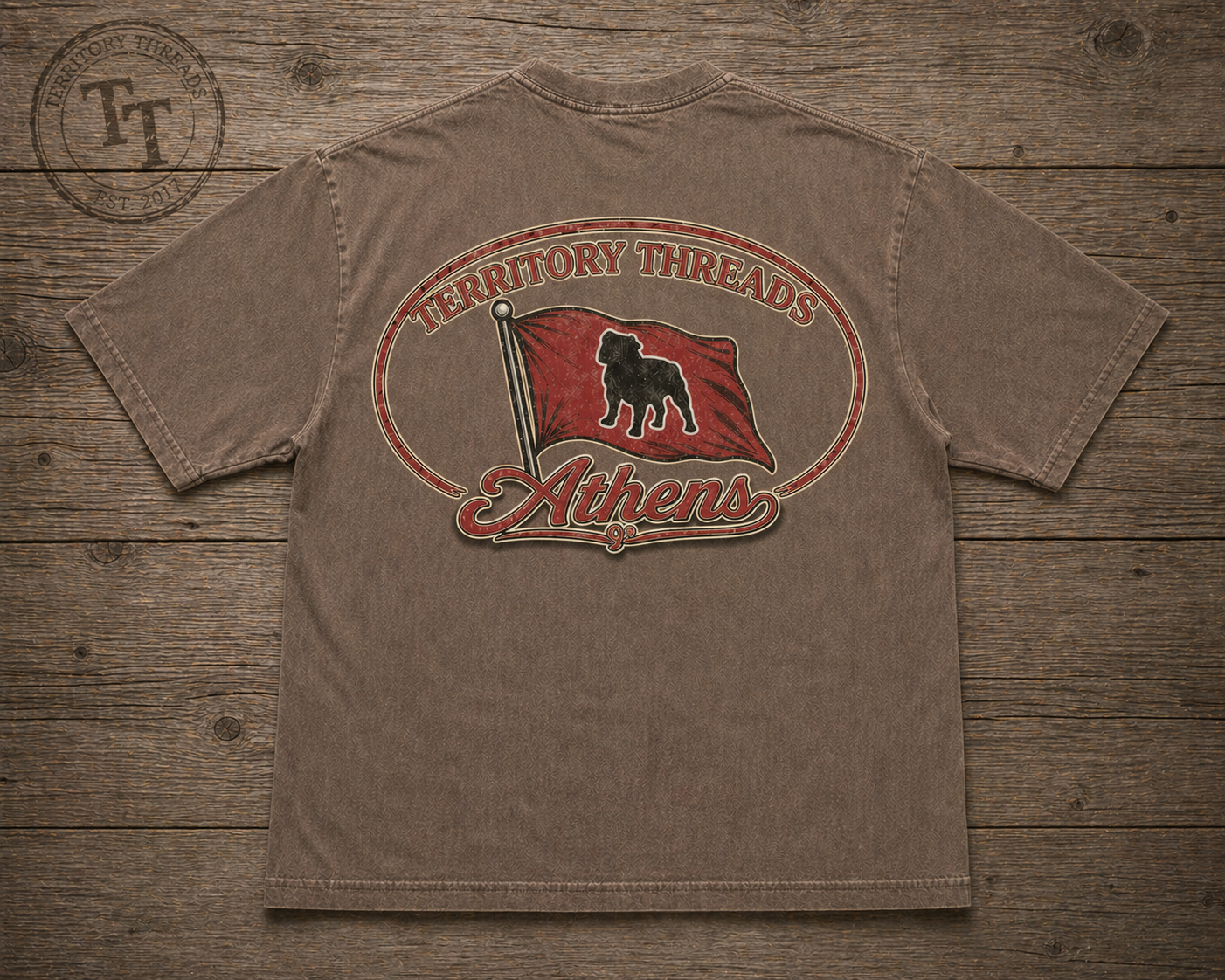 Athens Georgia Bulldog Design Short Sleeve Premium T-Shirt in Faded Mocha Brown