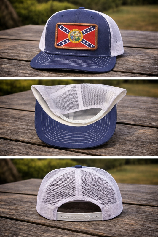Denim Mesh Back Hat Cap with Florida Rebel Battle Flag Leather Patch 3 views