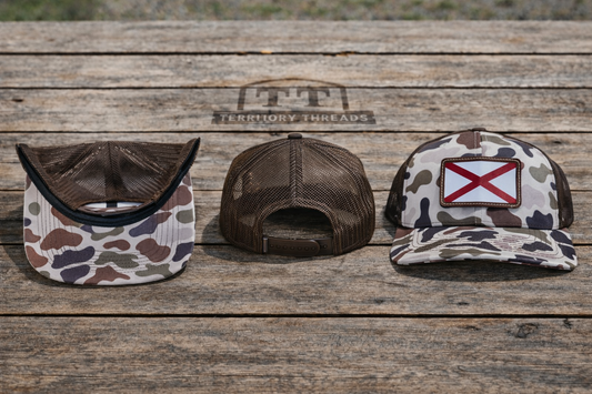 Brown Duck Camo Mesh Back Hat Cap with Alabama Flag Leather Patch