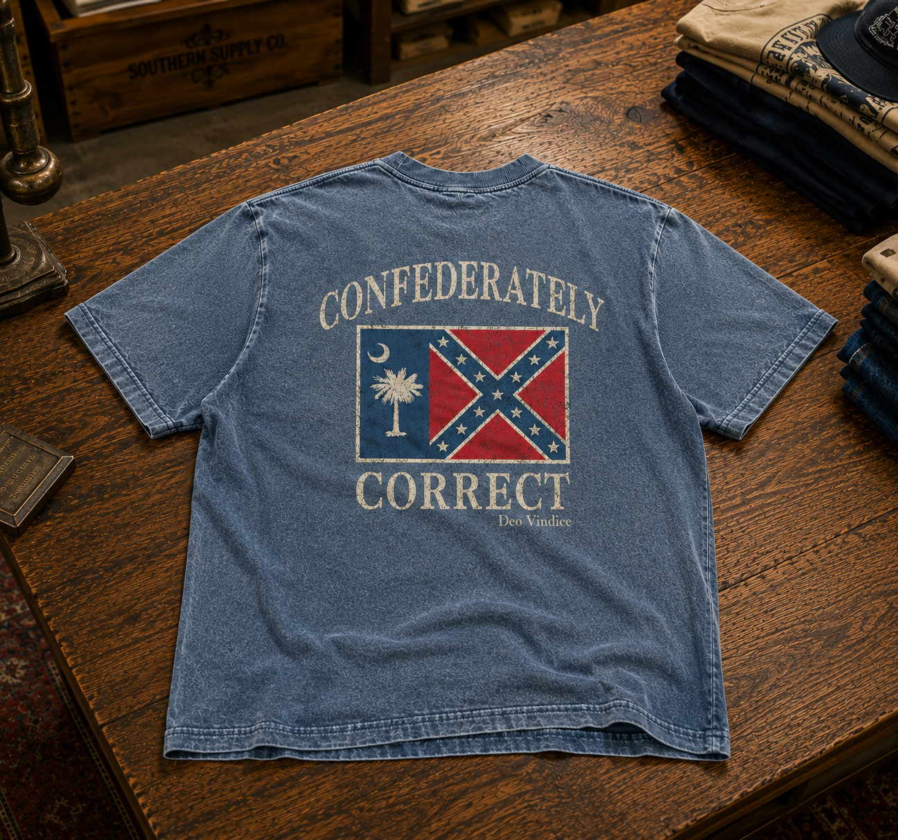 South Carolina Battle Flag Confederately Correct Short Sleeve T-Shirt Faded Denim Blue
