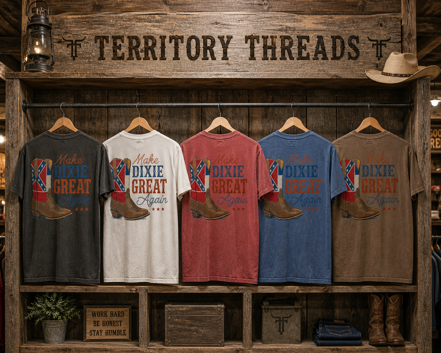 Make Dixie Great Again T-Shirt with Old Mississippi Flag on Boot Assorted Colors hanging on a rack