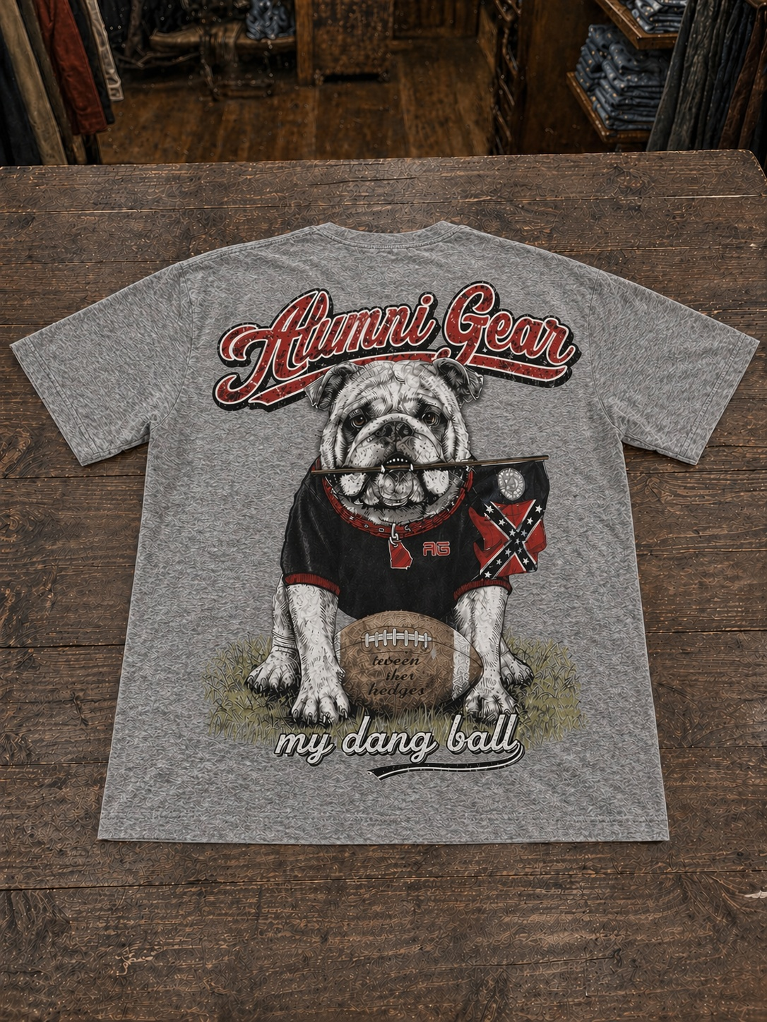 Alumni Gear My Dang Ball Design with 1956 Old Georgia Stick Flag in Bulldog's Mouth Premium T-Shirt