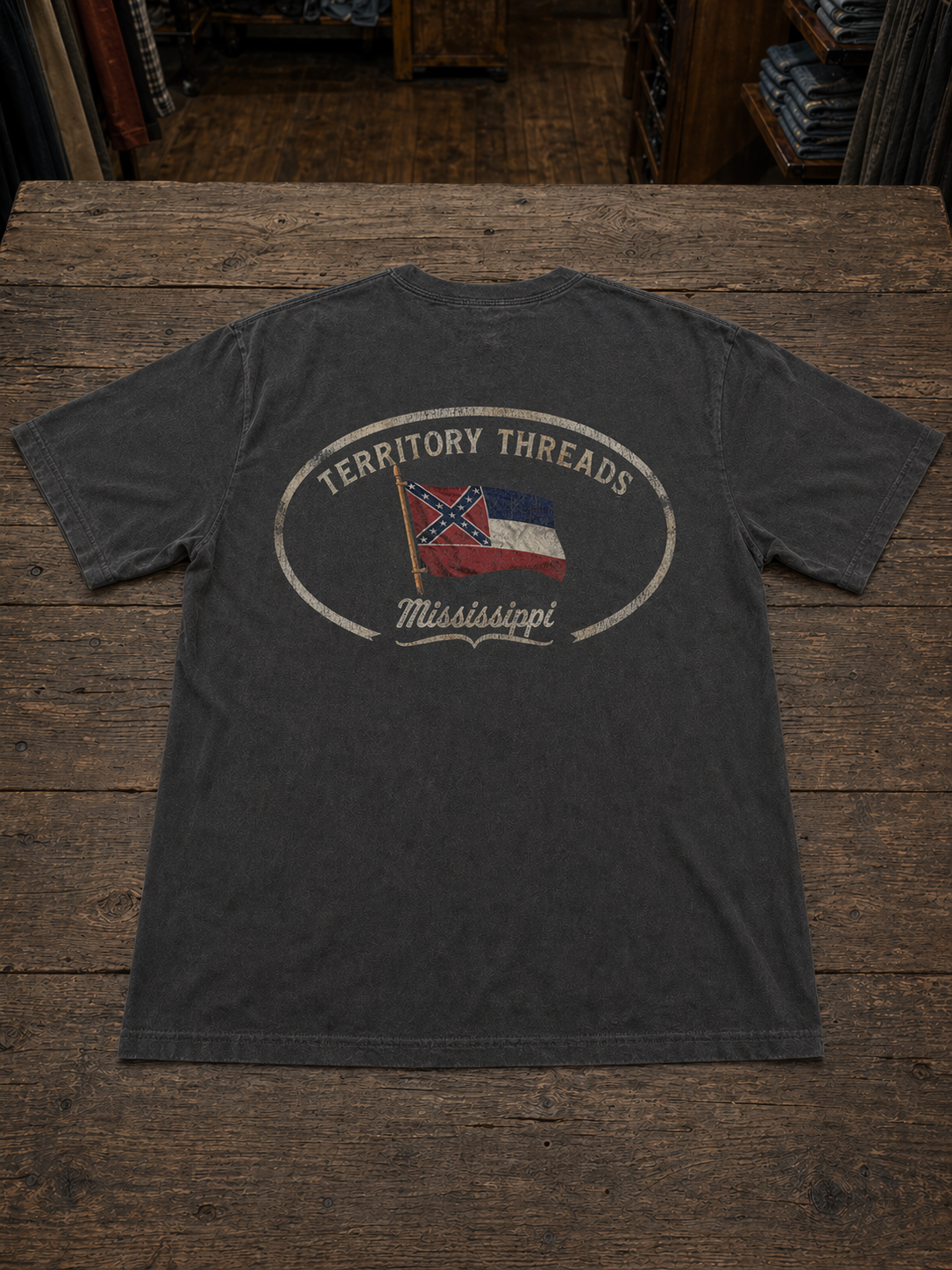 Old Mississippi State Flag Oval Design Confederately Correct Short Sleeve T-Shirt Charcoal Gray