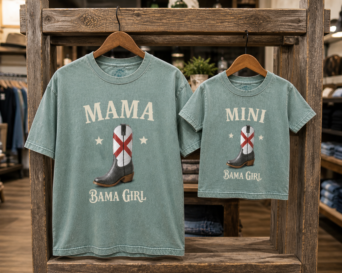Mama-Mini Alabama Girl Design Premium T-Shirt Hanging on Hangers