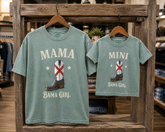 Mama-Mini Alabama Girl Design Premium T-Shirt Hanging on Hangers