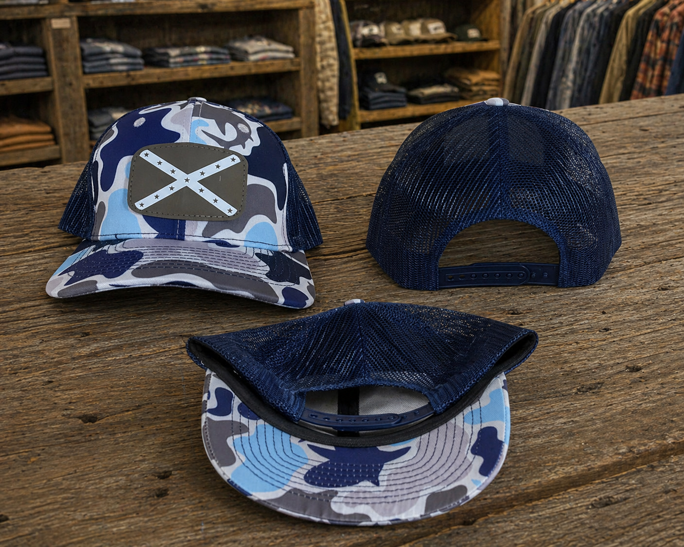 Powder Blue and Gray Camo Navy Mesh Back Cap Hat with Gray and White Battle Flag Patch 3 Views