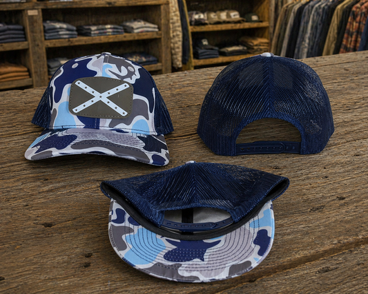 Powder Blue and Gray Camo Navy Mesh Back Cap Hat with Gray and White Battle Flag Patch 3 Views