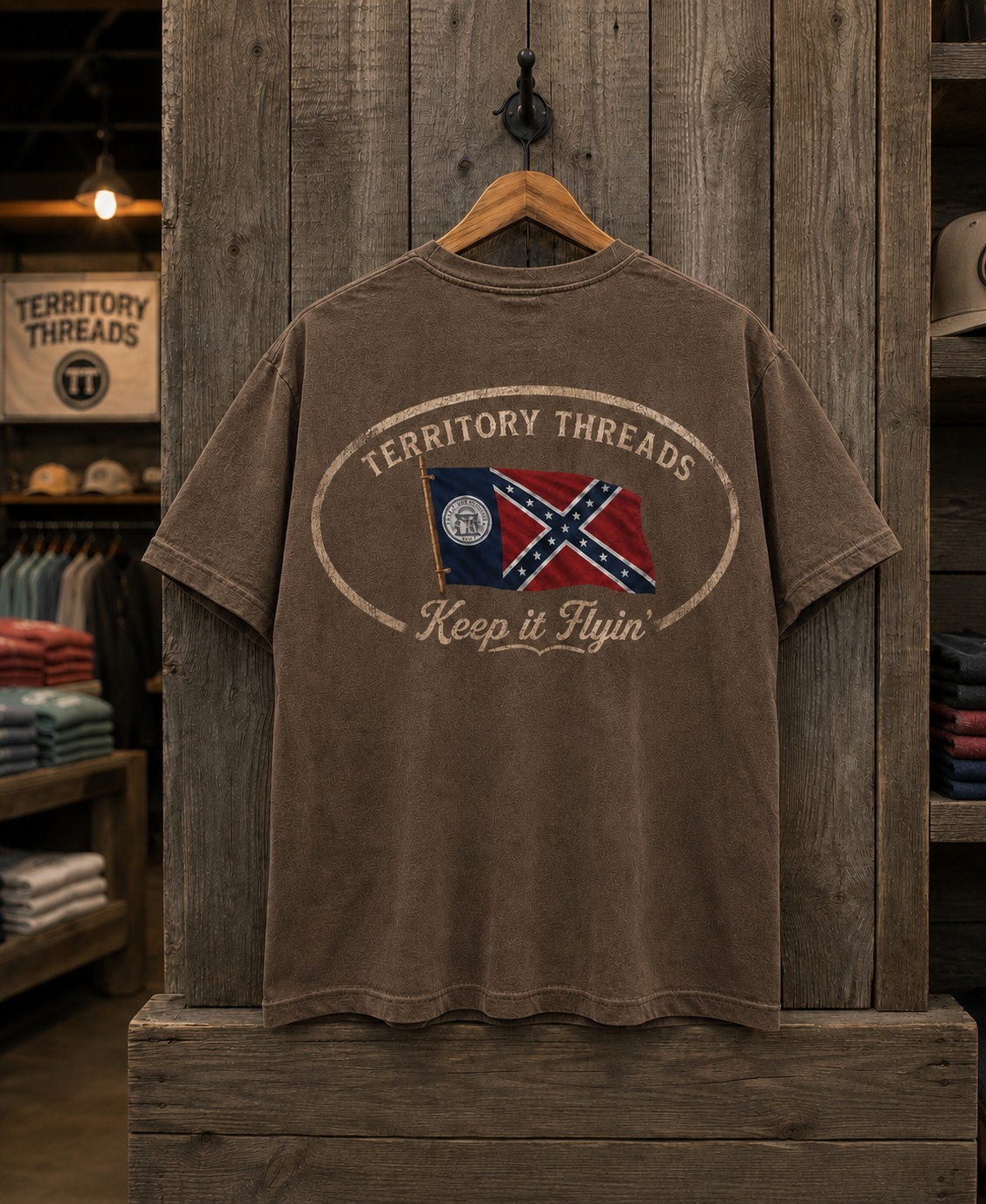 Territory Threads 1956 Old Georgia State Flag Keep It Flyin T-Shirt 100% Cotton in Faded Mocha Brown