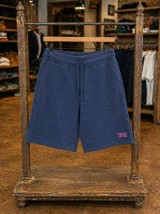 Charcoal gray super soft fleece shorts with embroidered Rebel Battle Flag and elastic waistband