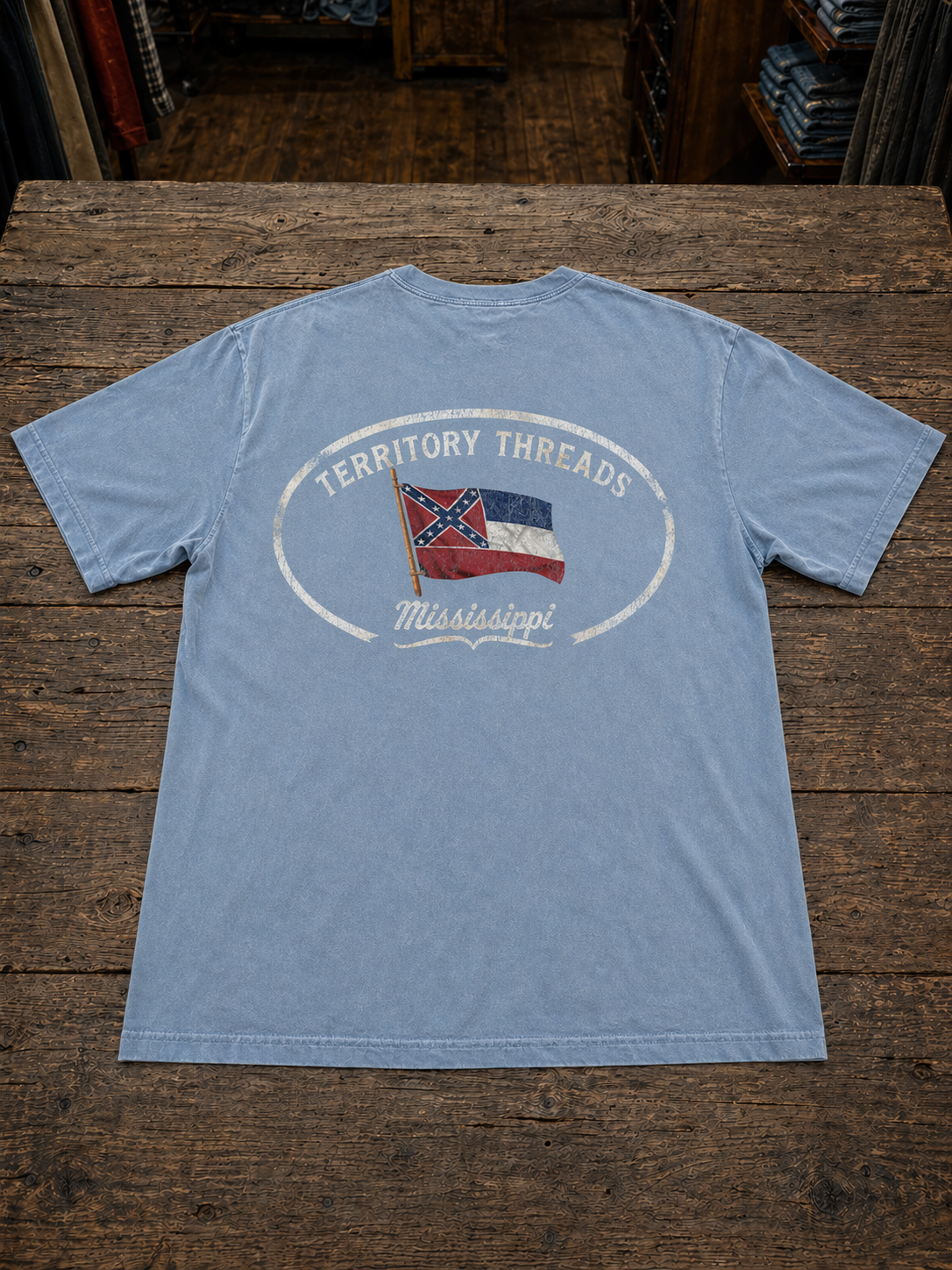 Old Mississippi State Flag Oval Design Confederately Correct Short Sleeve T-Shirt Powder Blue