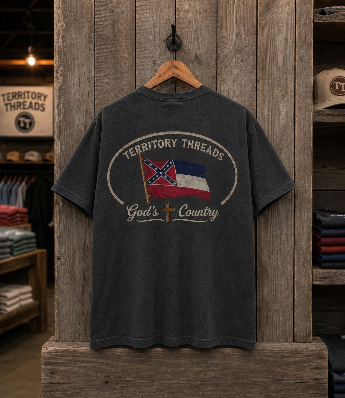 Old Mississippi State Flag Gods Country Design T-Shirt in Charcoal Gray