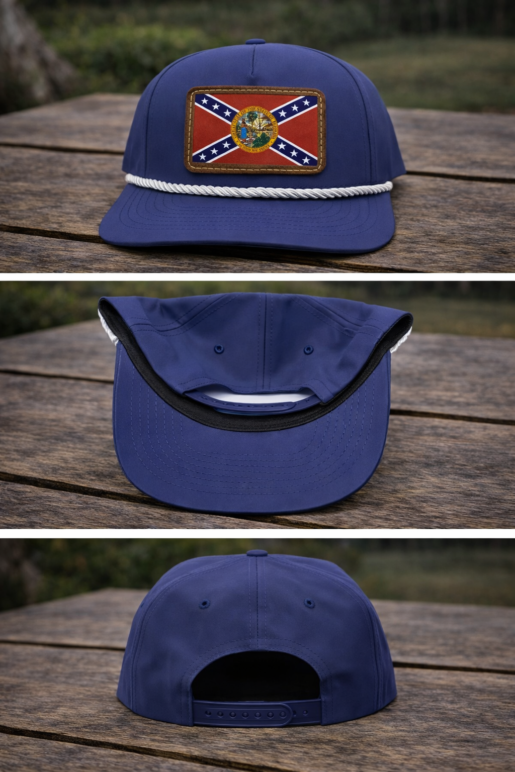 Navy Blue Rope Hat with Florida Battle Flag on Brown Leather Patch 3 views