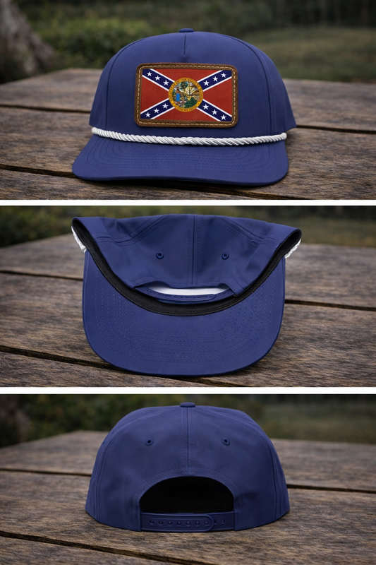Navy Blue Rope Hat with Florida Battle Flag on Brown Leather Patch 3 views