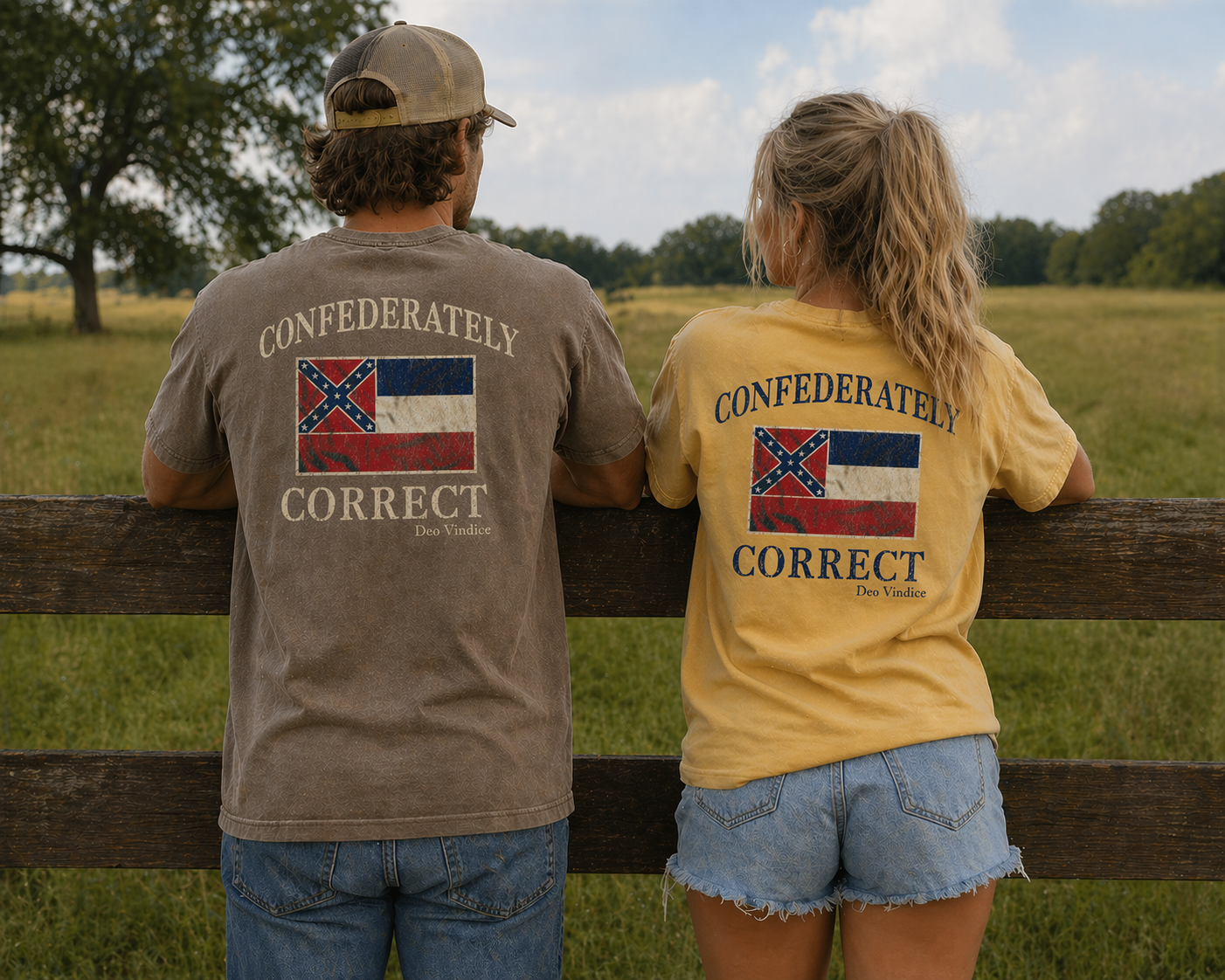 Old Mississippi State Flag Confederately Correct Short Sleeve T-Shirt on Models