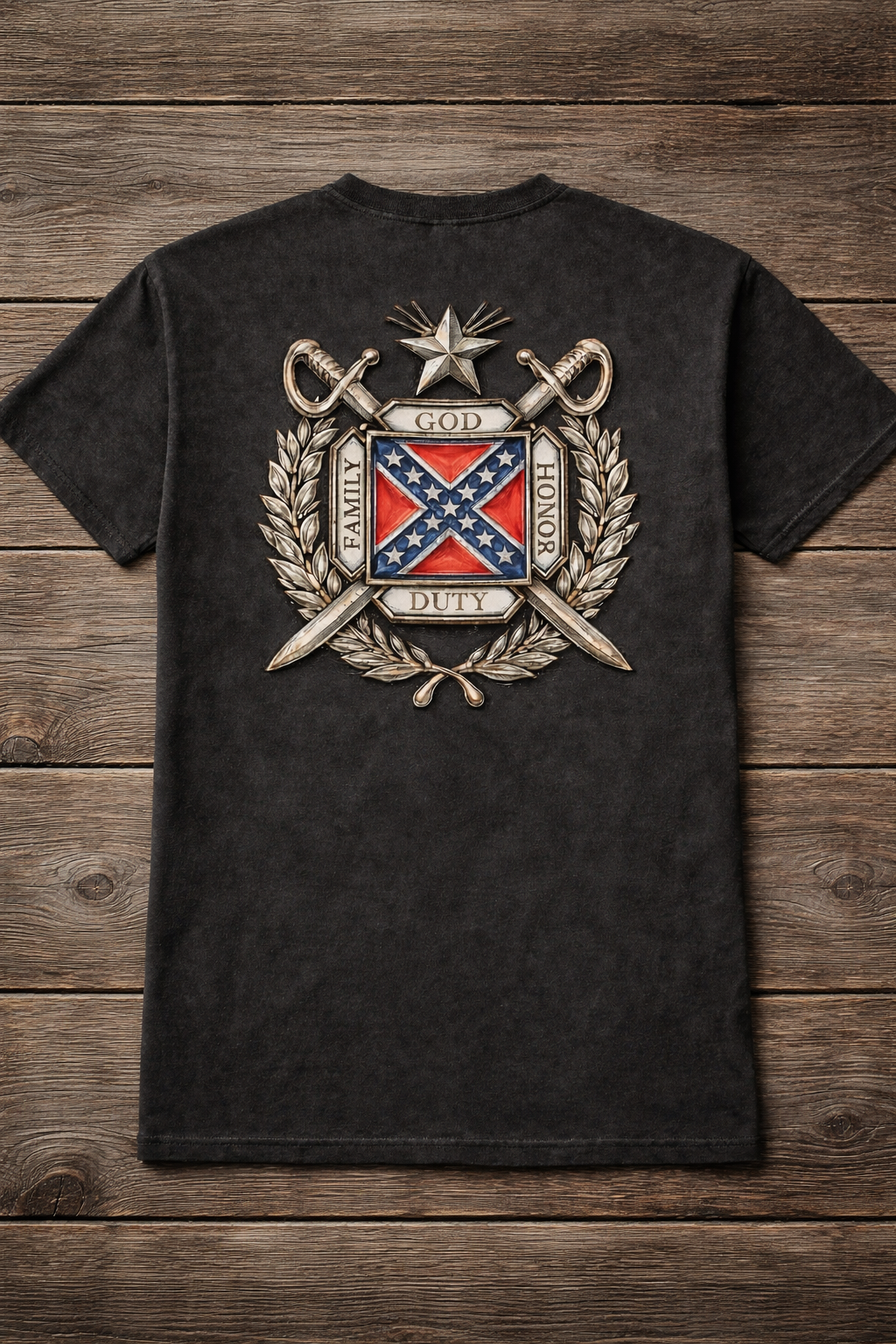 Crossed Swords on Battle Flag Short Sleeve Premium T-Shirt 100% Ring -Spun Cotton