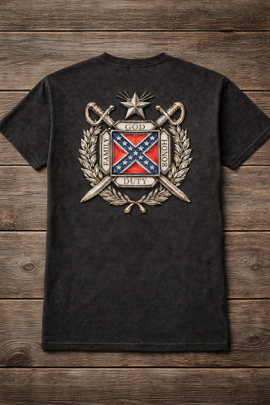 Crossed Swords on Battle Flag Short Sleeve Premium T-Shirt 100% Ring -Spun Cotton