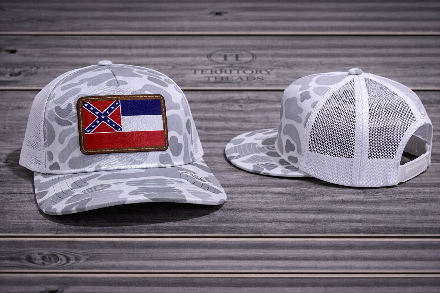 Old Mississippi Flag Leather Patch Ghost Camo Hat Cap