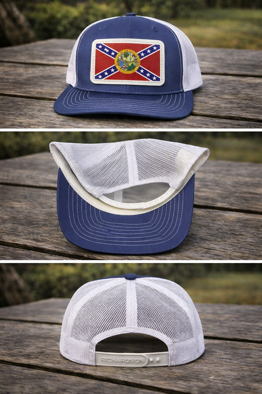 Denim Mesh Back Hat Cap with Florida Battle Flag White Leather Patch
