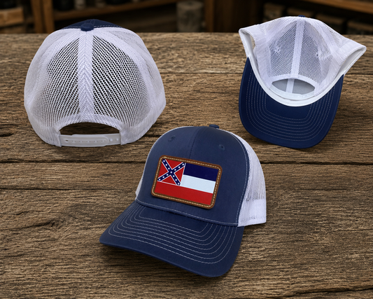 Denim Mesh Back Hat Cap with Old Mississippi State Flag Brown Leather Patch 3 views 