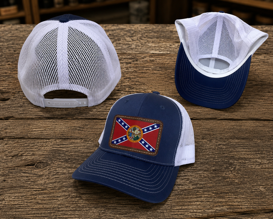 Denim Mesh Back Hat Cap with Florida Battle Flag Brown Leather Patch 3 views