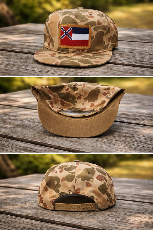 Duck Camo Rope Hat Cap with Old Mississippi State Flag Leather Patch