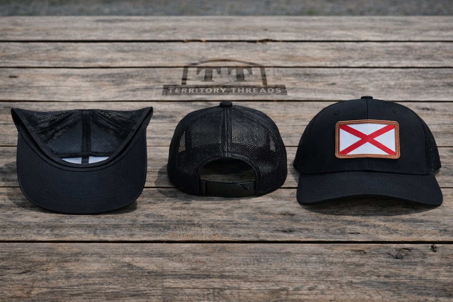 Alabama Flag Leather Patch Hat | Solid Black Mesh Back Trucker Cap