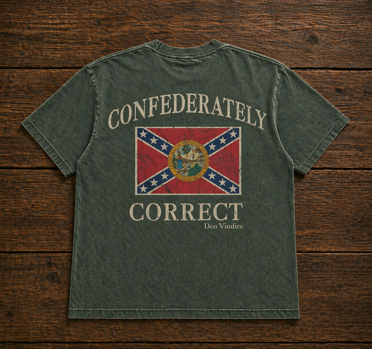 Florida Battle Flag Confederately Correct Short Sleeve T-Shirt Faded Moss Green