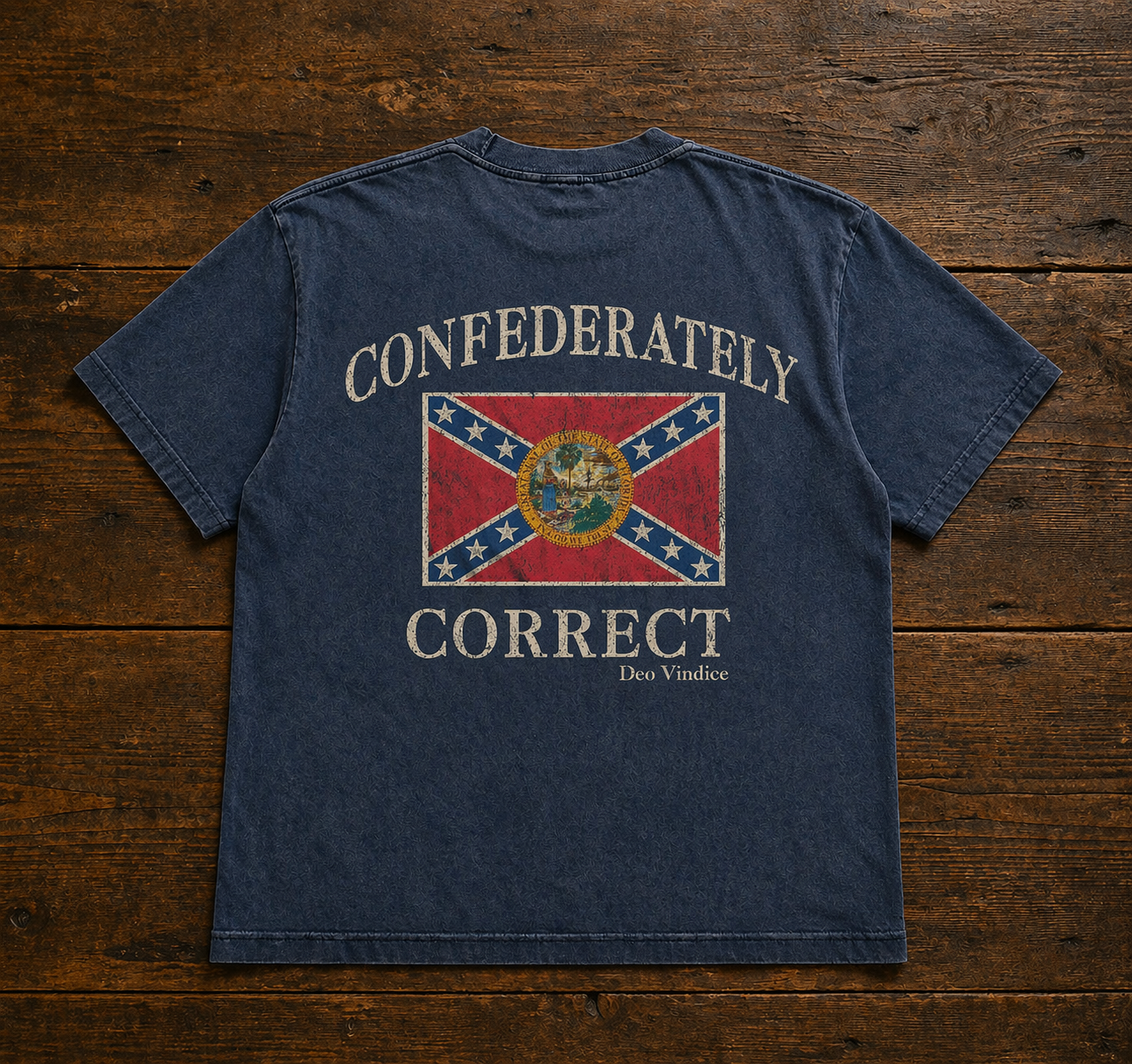 Florida Battle Flag Confederately Correct Short Sleeve T-Shirt Faded Denim Blue