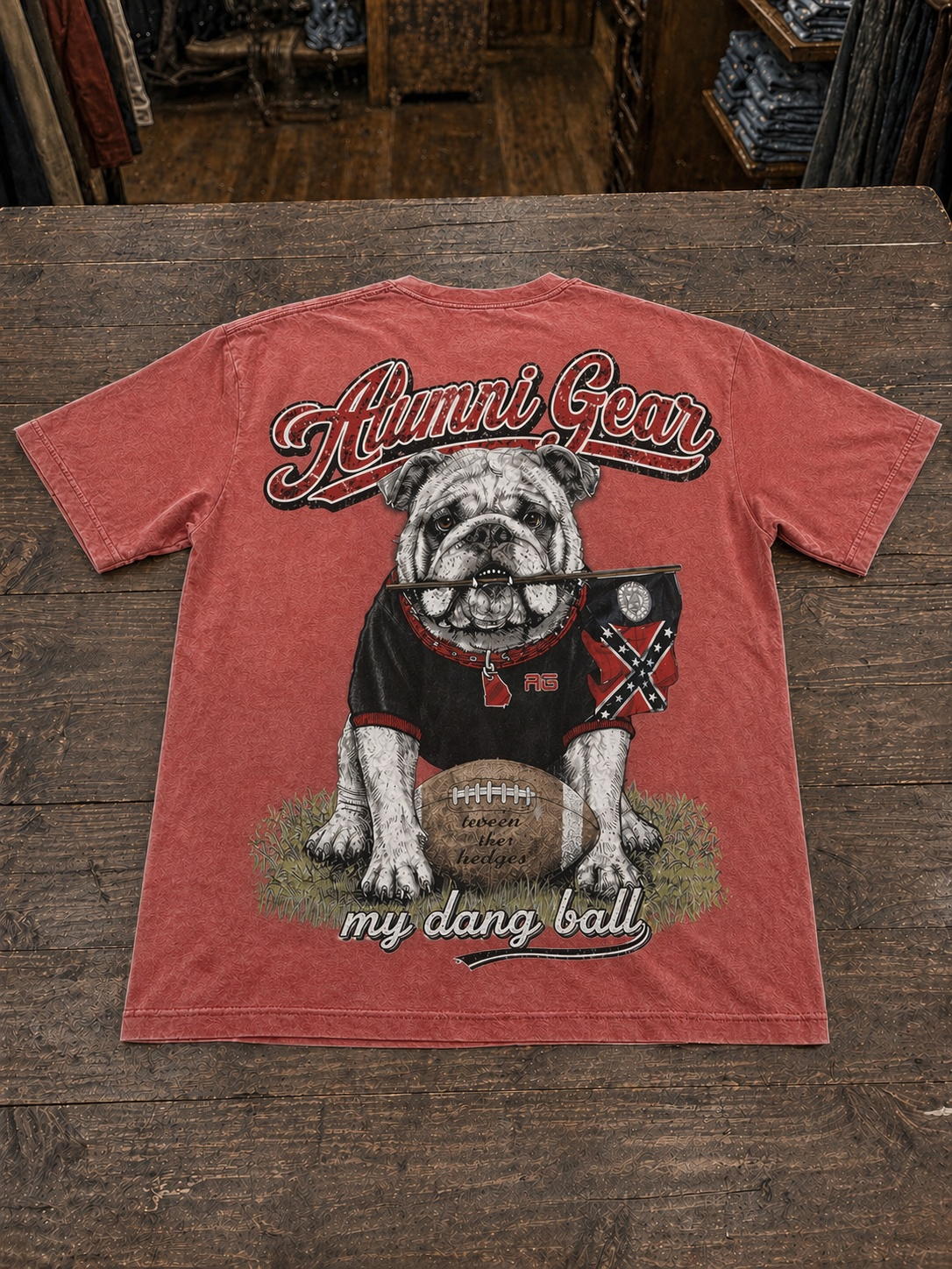 Alumni Gear My Dang Ball Design with 1956 Old Georgia Stick Flag in Bulldog's Mouth Premium T-Shirt