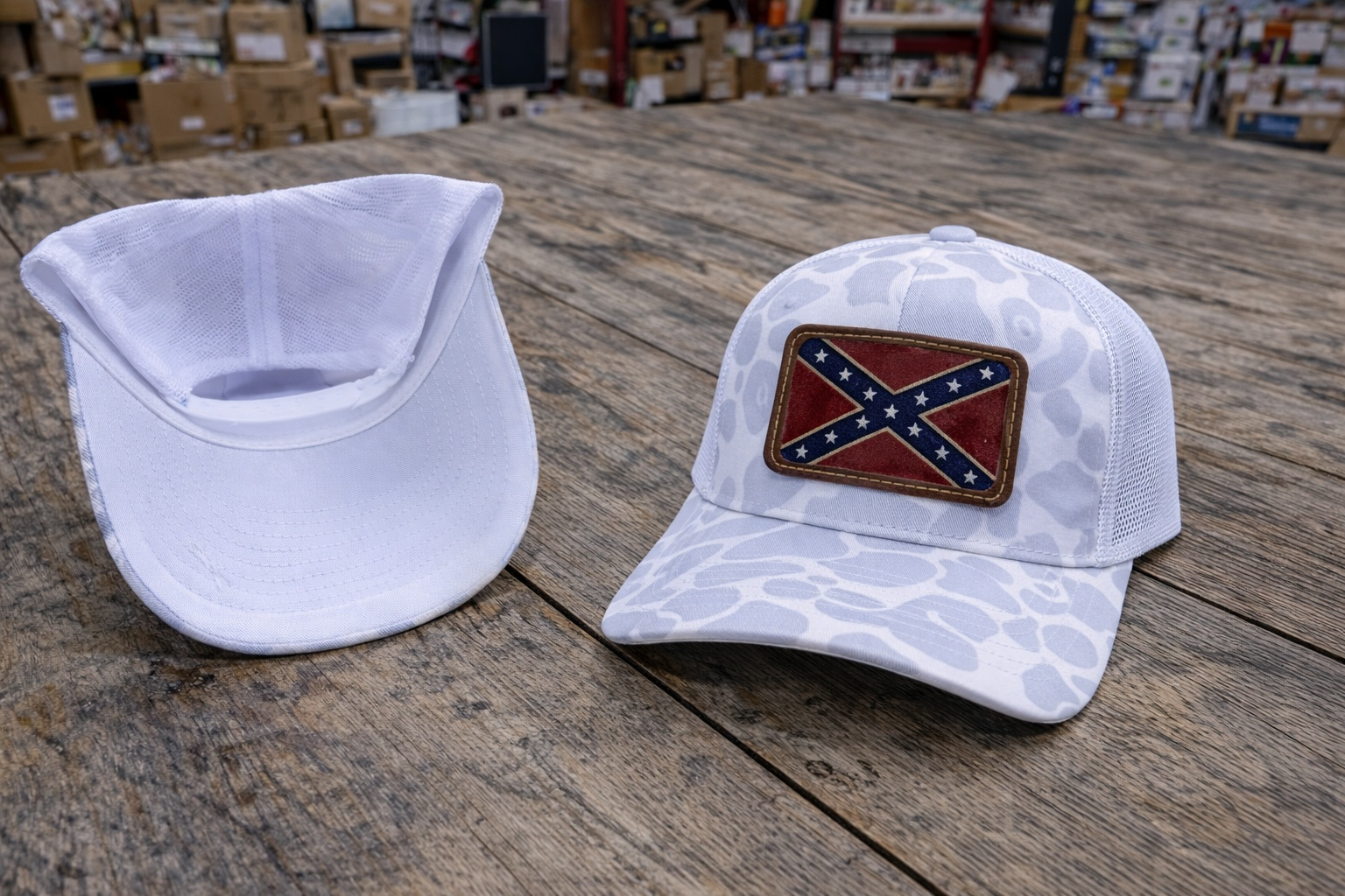 Ghost Camo Mesh Back Cap Hat with Leather Battle Flag Patch