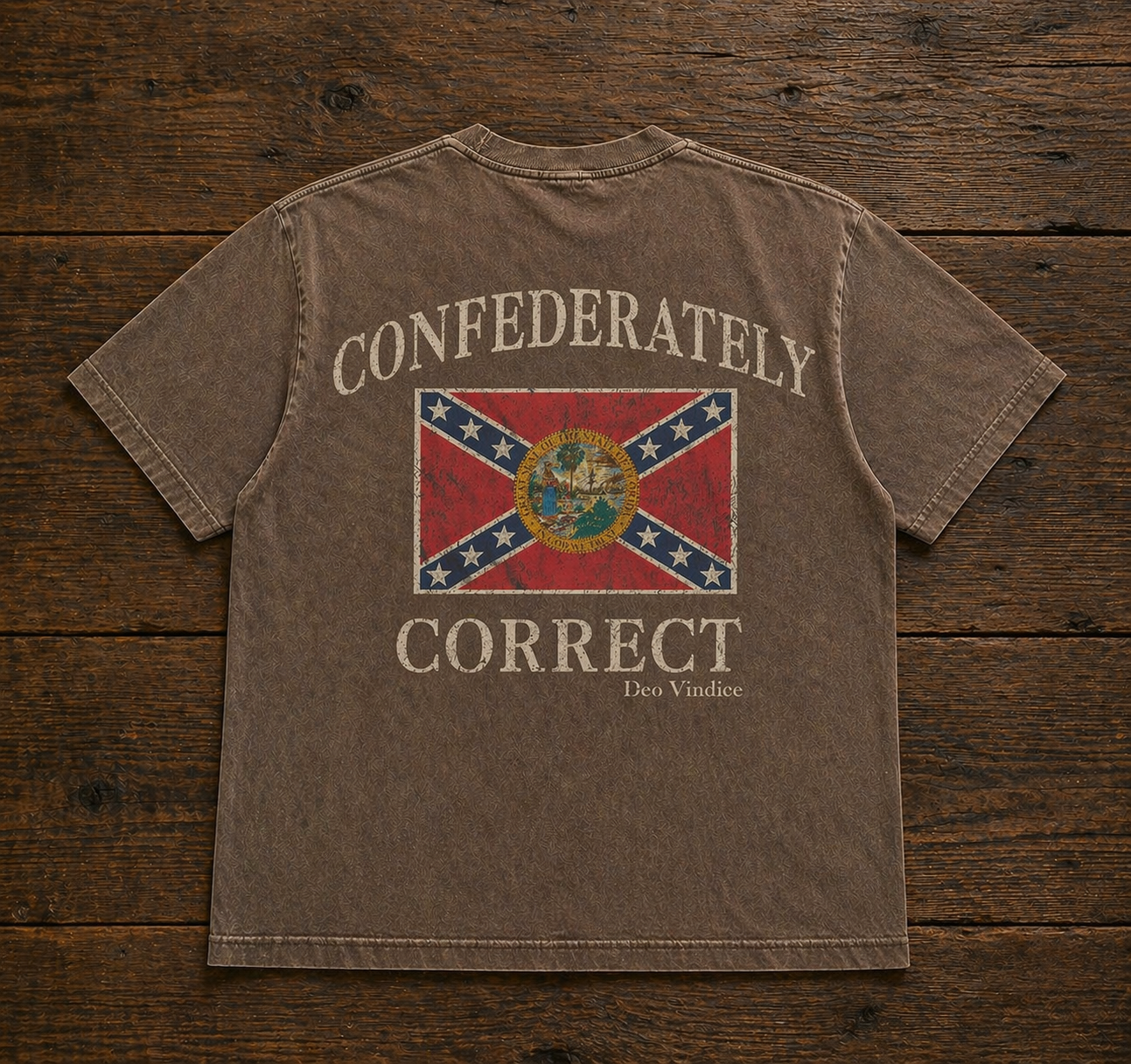 Florida Battle Flag Confederately Correct Short Sleeve T-Shirt Faded Mocha Brown