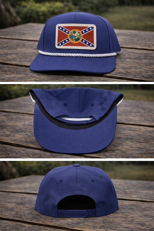 Navy Blue Rope Hat with Florida Battle Flag on White Leather Patch 3 views