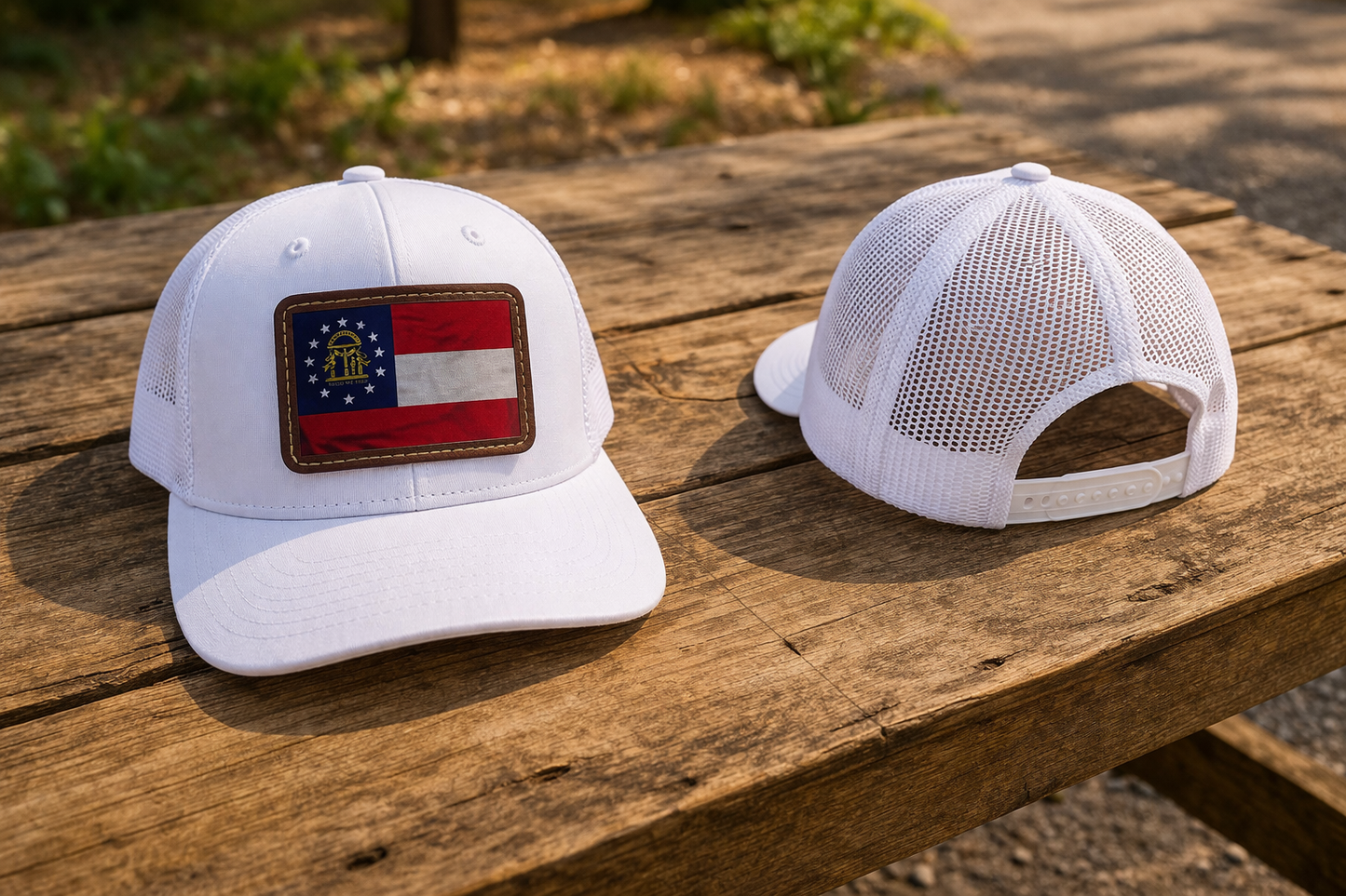 Current Georgia State Flag Leather Patch on Solid White Mesh Back Hat Cap