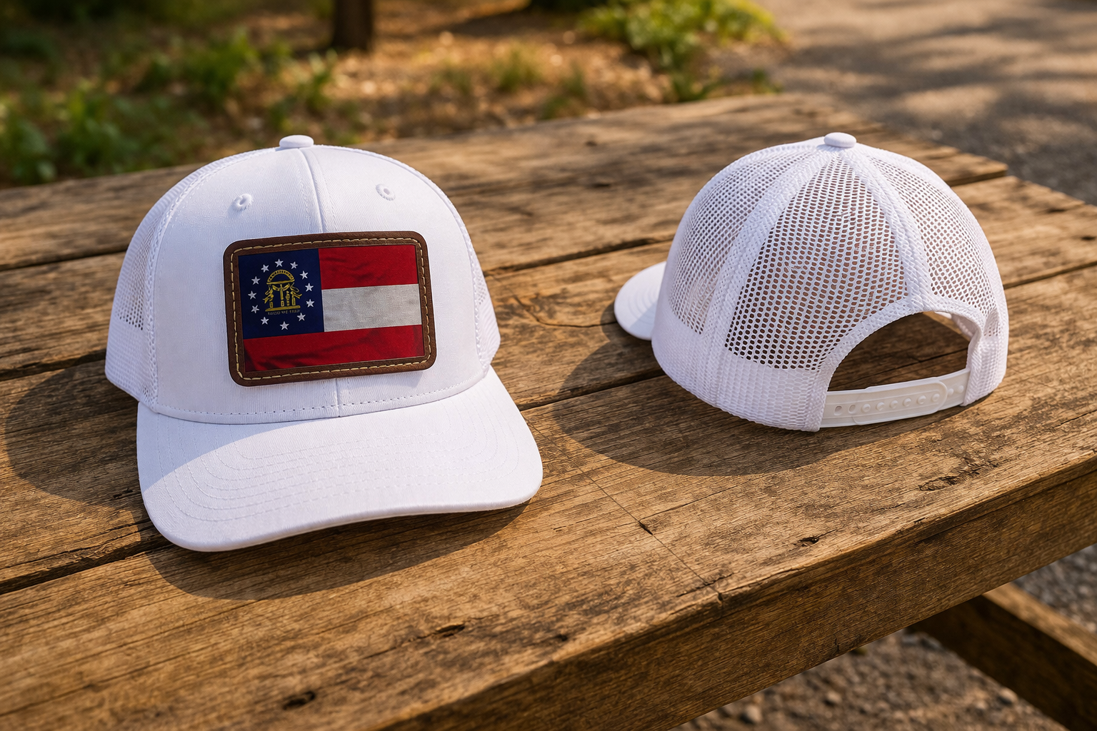 Current Georgia State Flag Leather Patch on Solid White Mesh Back Hat Cap