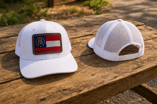 Current Georgia State Flag Leather Patch on Solid White Mesh Back Hat Cap
