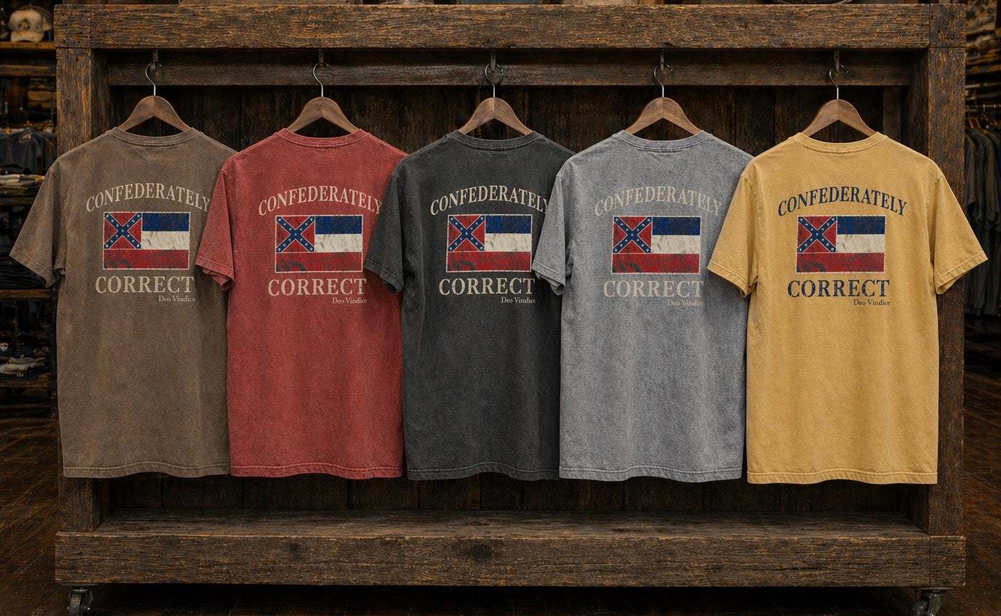 Old Mississippi State Flag Confederately Correct Short Sleeve T-Shirt hanging on a rack