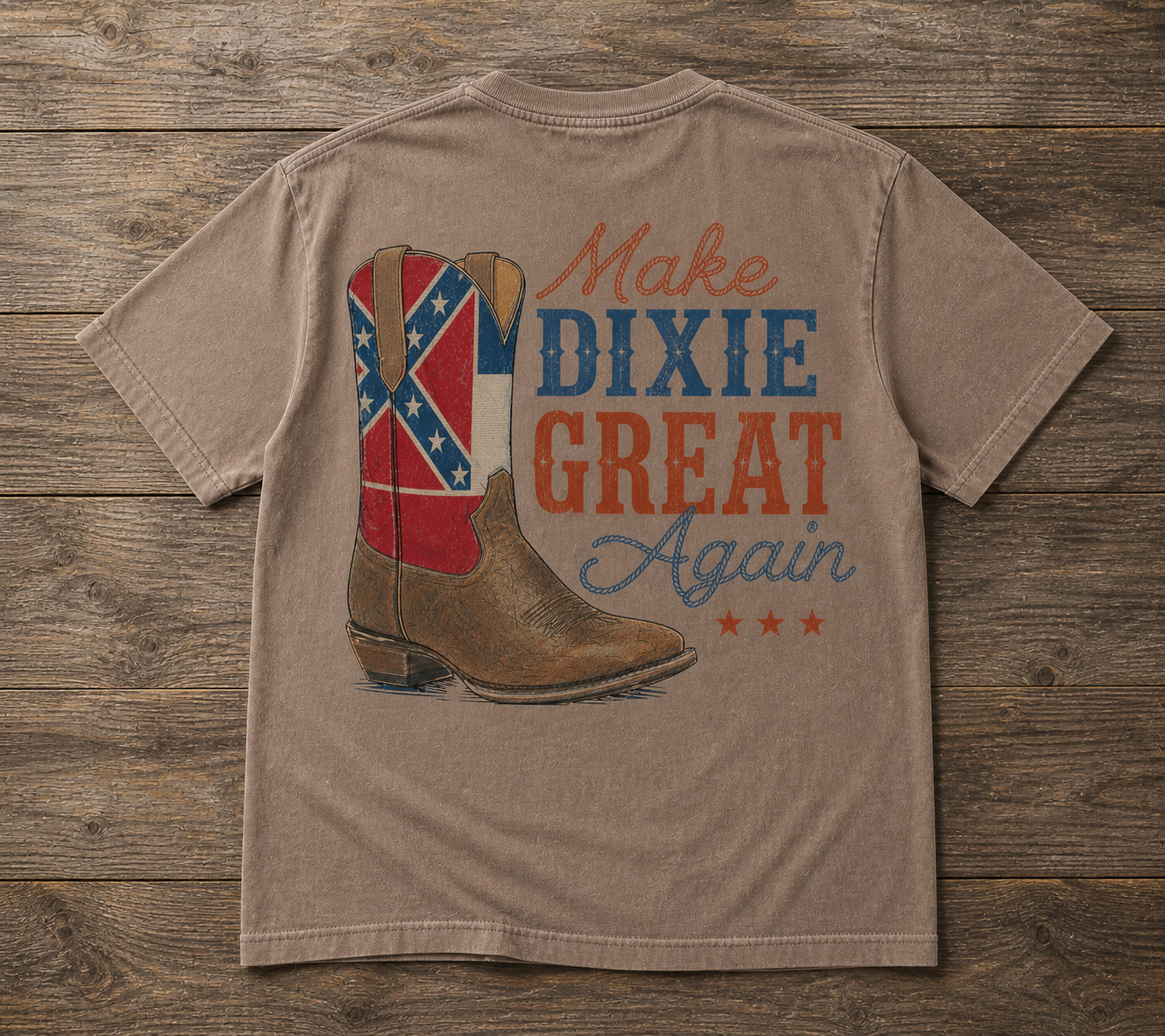 Make Dixie Great Again T-Shirt with Old Mississippi Flag on Boot Faded Mocha Brown