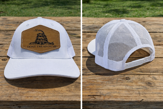 Solid White Mesh Hat Cap with Khaki Leather Patch with Dont Tread On Me Snake