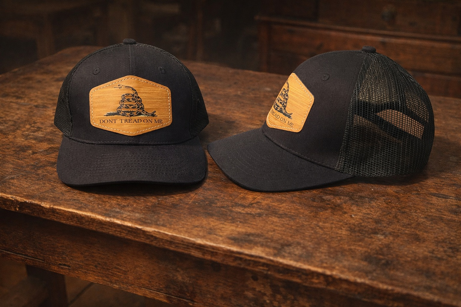 Black trucker style mesh back cap hat with dont tread on me patch