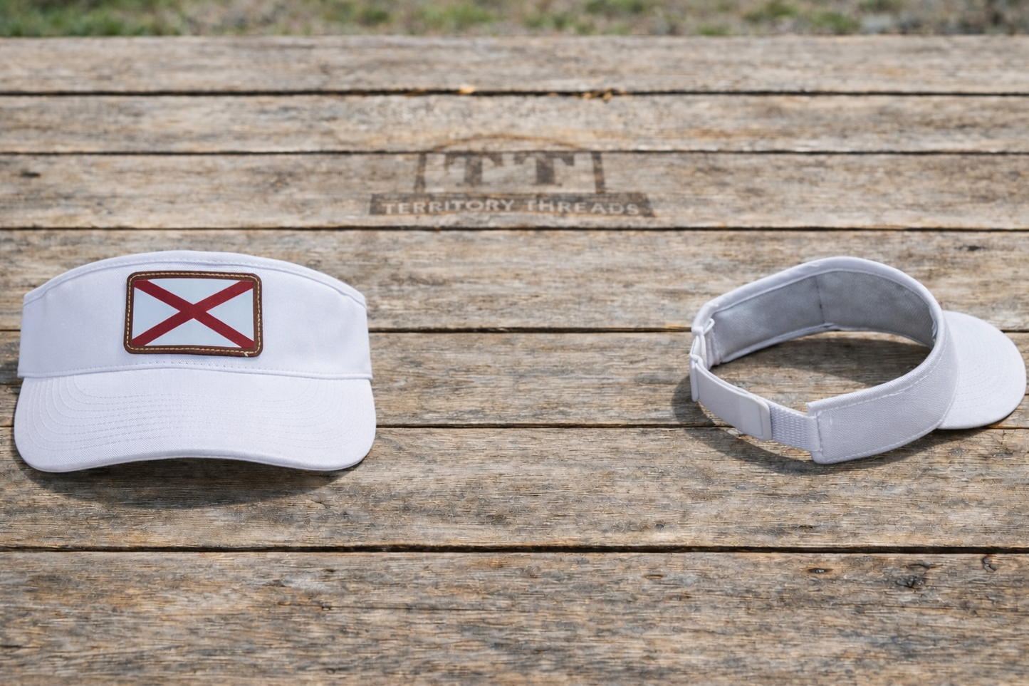 White Golf Visor with Alabama State Flag Leather Patch
